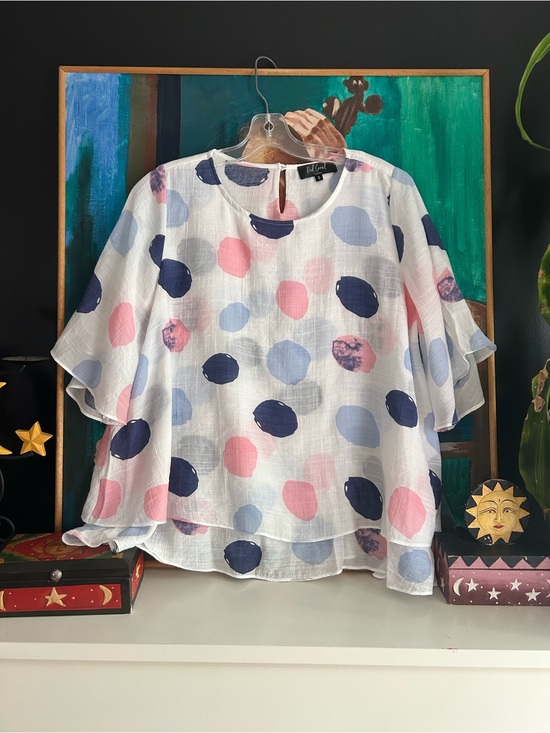 Red Coral Tops - Red Coral Womens Small White Pink Blue Polka Dot Layered Blouse Boho Artsy Top